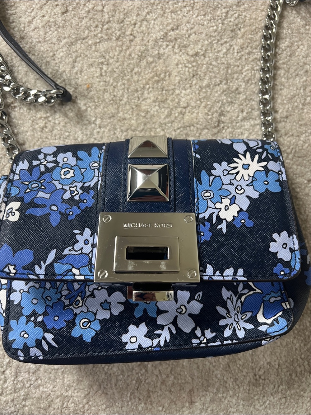 Michael Kors Navy Floral Shoulder Bag with Gold Hardware - Picture 4 of 15